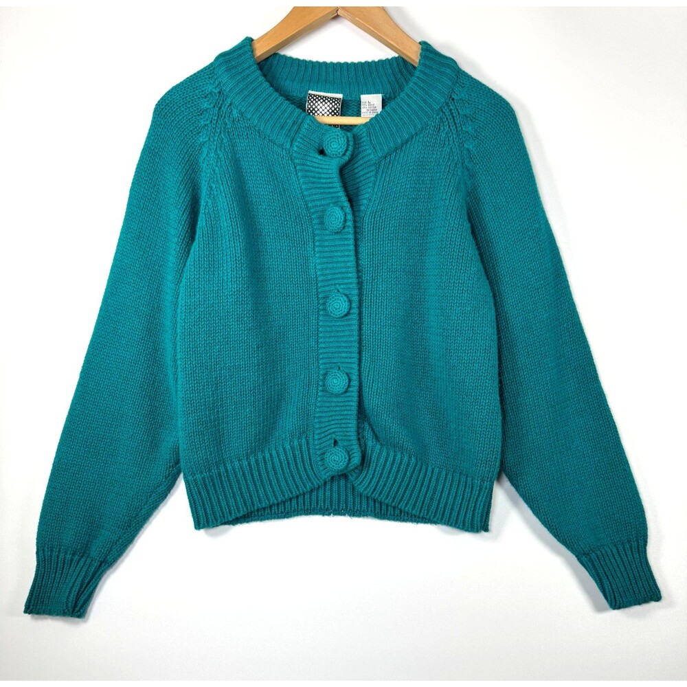 Vintage Gerard Works Teal Knit Button Cardigan Sweater Womens Large Ramie 90s‎